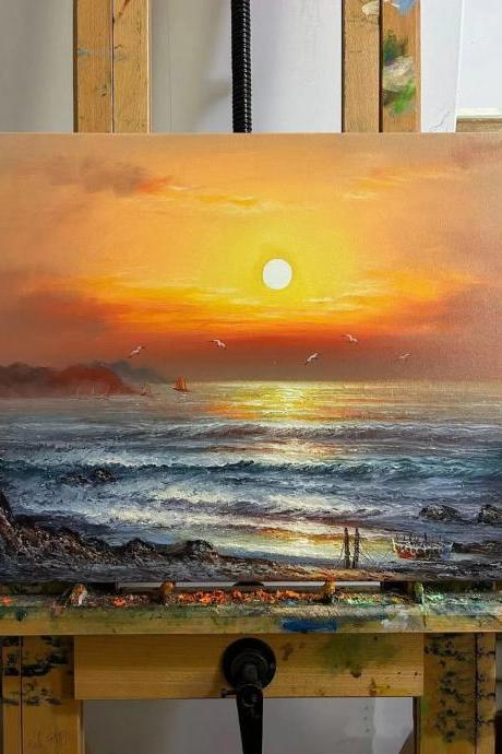 Hand-painted Modern Landscape Acrylic Oil Painting "sunset Waves"